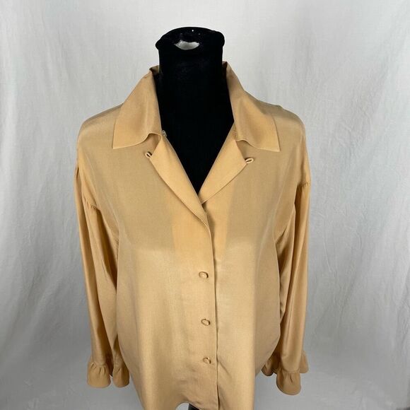 Vintage ICE 100% Silk Oversized Tan Button Down Shirt - Women’s M - Picture 4 of 6
